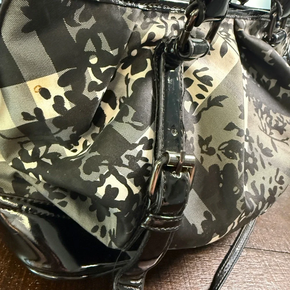Floral Plaid Check Satchel Bag‎ Black White Patent Trim Purse Tote Crossbody